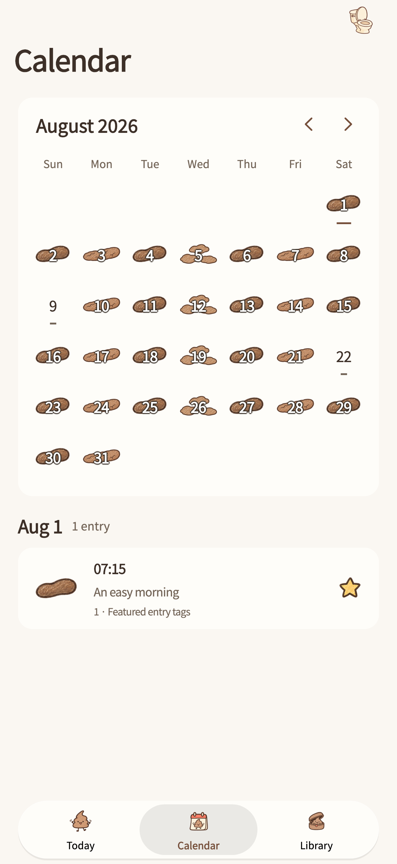 Dooey's calendar screen showing sample bowel diary entries.