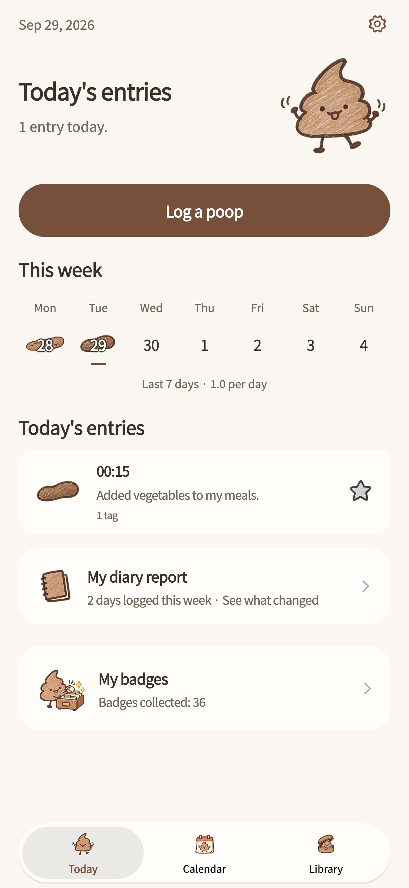 Dooey's Today screen with a weekly diary overview and a sample entry.